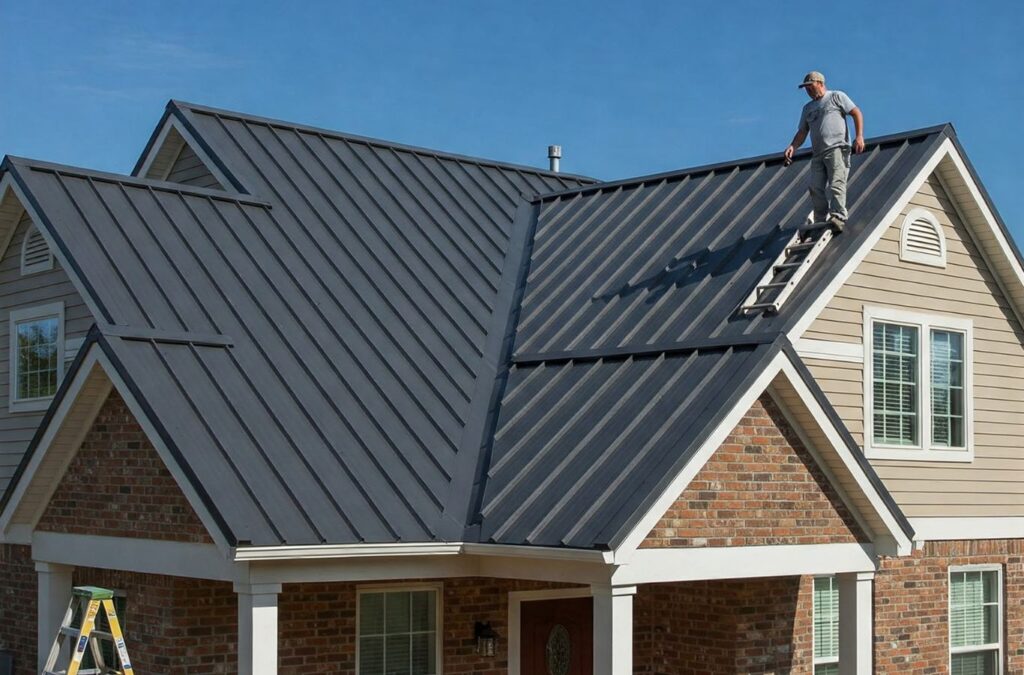A Kings Roofing & Contracting installer securing new roofing panels on a Donnelly, ID home, ensuring durable protection and long-term performance.